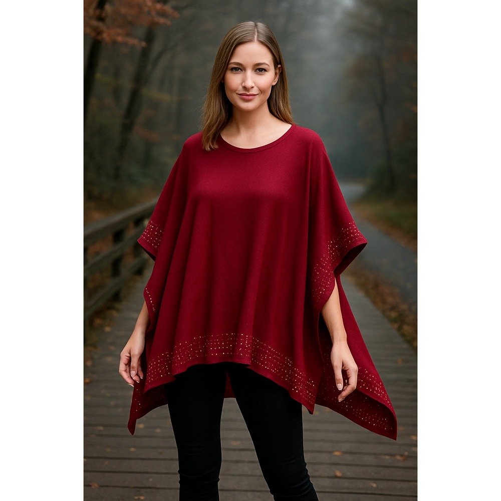 Liquid by Sioni Dark Red Elegant Poncho with Rhinestone Bling L/XL‎